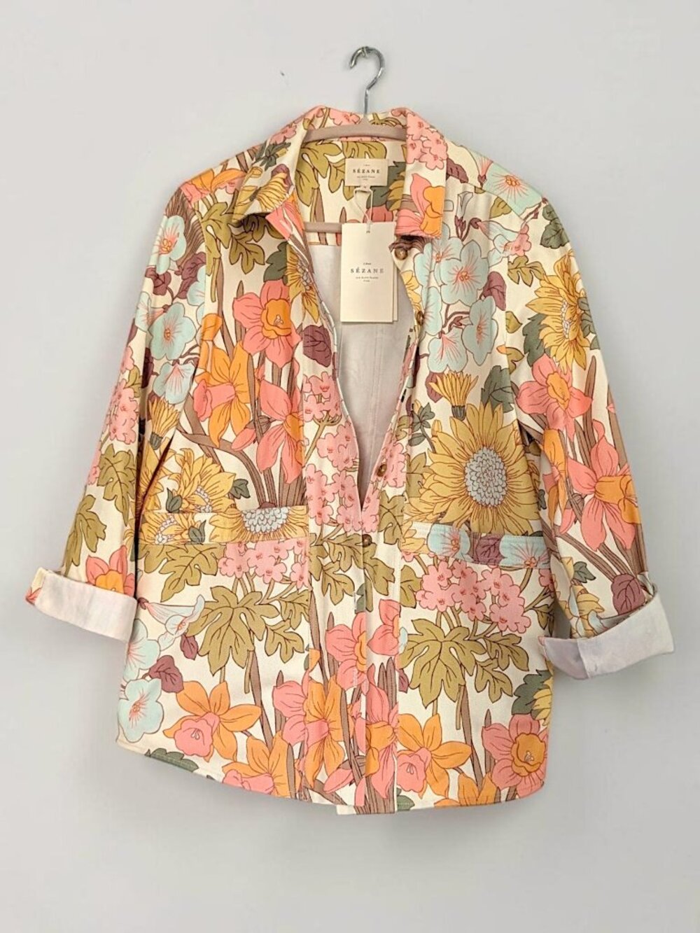 Sezane rare boho 70's fairy boho cottage pocket denim floral chore jacket M New